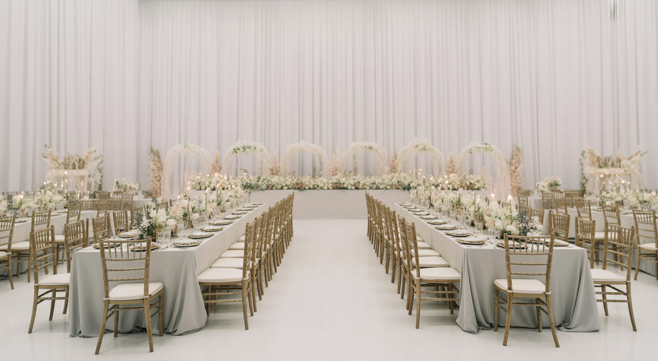Elegant wedding reception setup with beautiful tables and chairs.