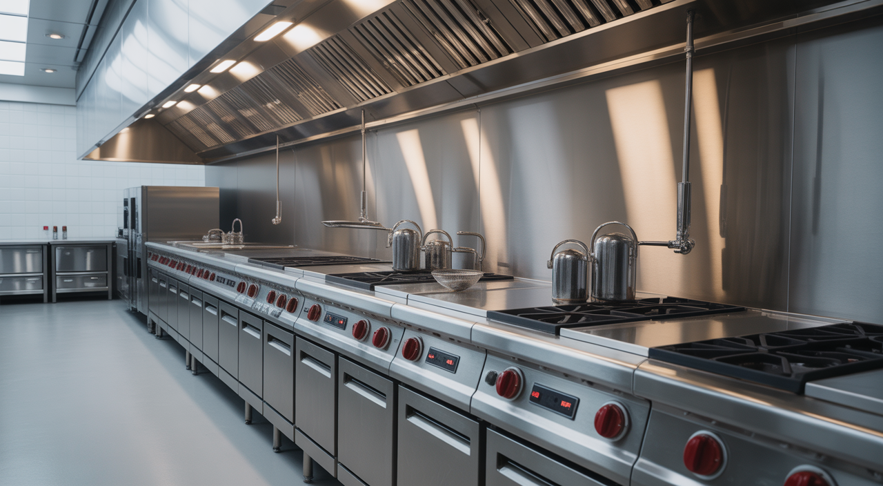 Professional kitchen fire suppression system installed in a modern Los Angeles commercial kitchen, ensuring safety and compliance.