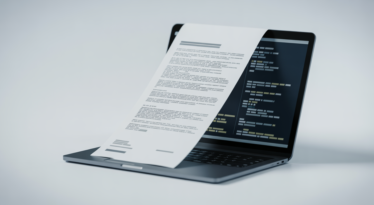 A professional photograph showing a legal document partially covering a modern laptop screen displaying abstract code, symbolizing the legal protection of a tech business.