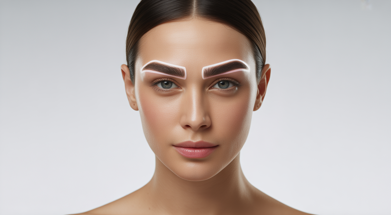 Close-up professional photo of a confident woman with natural-looking restored eyebrows against a white background