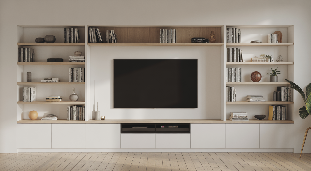 Modern media wall with integrated shelves and TV in a stylish living room with clean white background