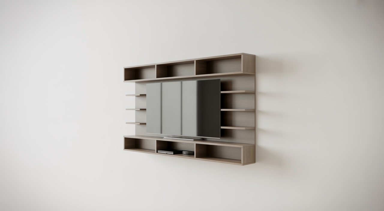 Modern media wall with built-in shelves and integrated storage