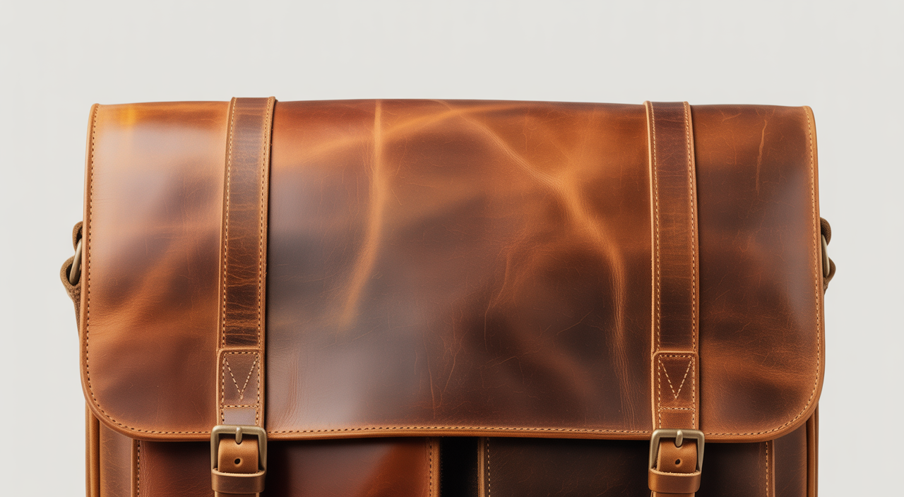 Close-up of a vintage leather messenger bag showing rich texture and patina