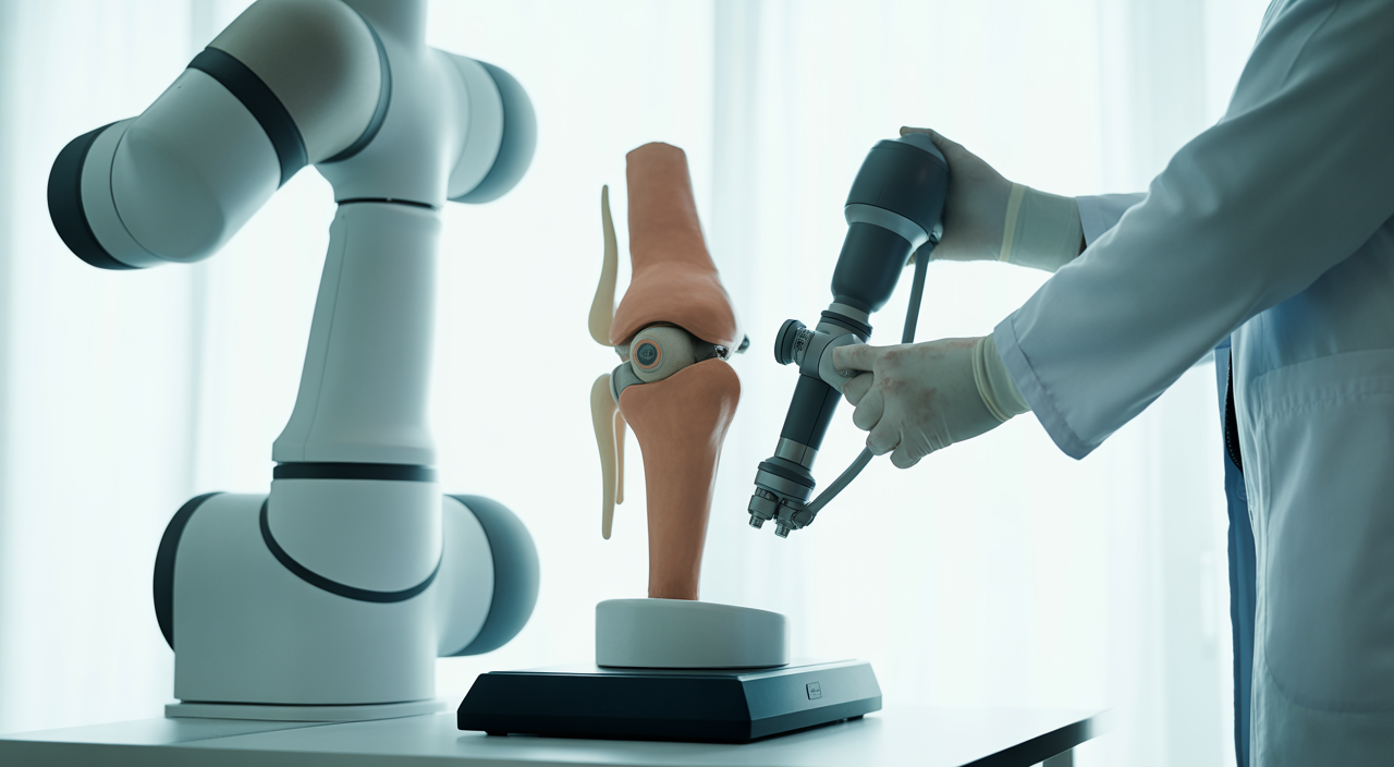 Robotic knee replacement surgery setup with surgeon controlling robotic arm near knee model on white background