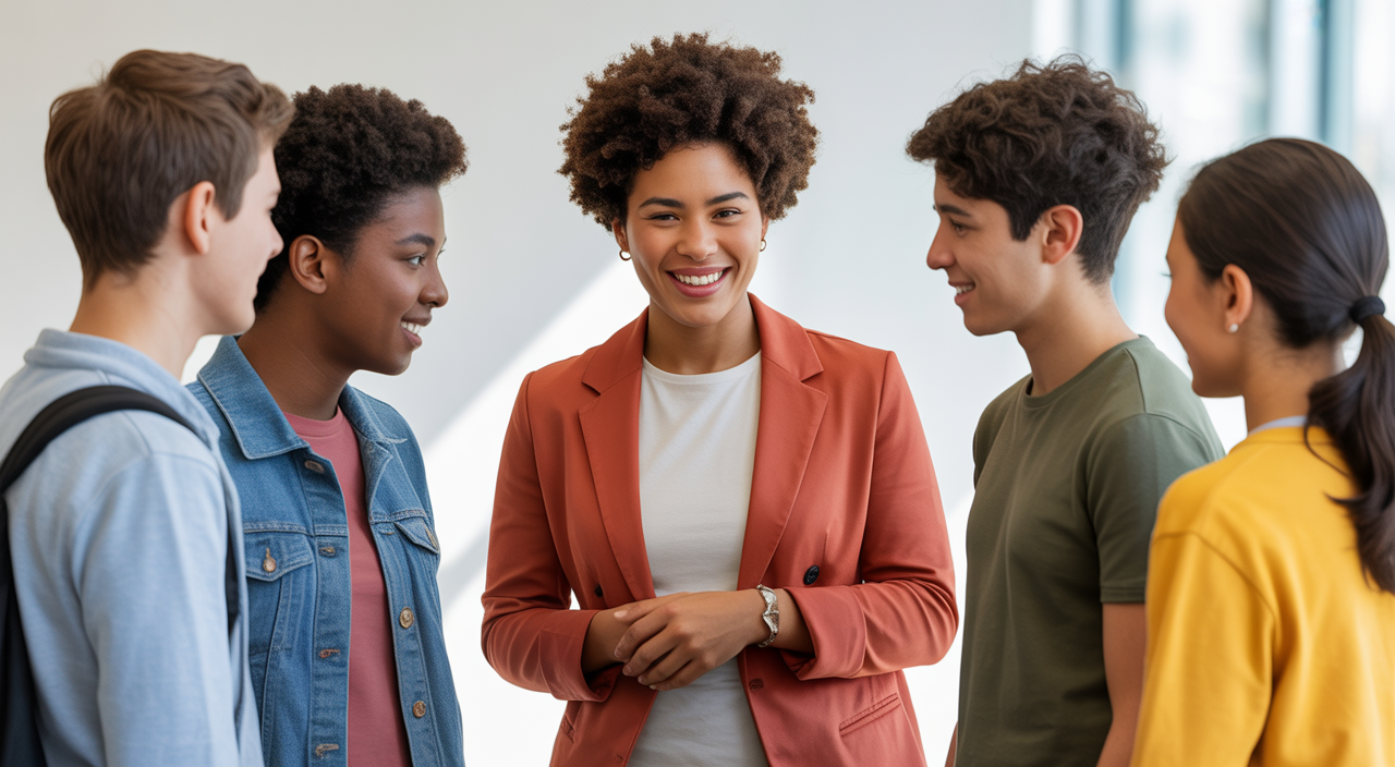 Photorealistic image of a caring peer mentor talking with diverse New York City youth in a warm and supportive setting with clean white background