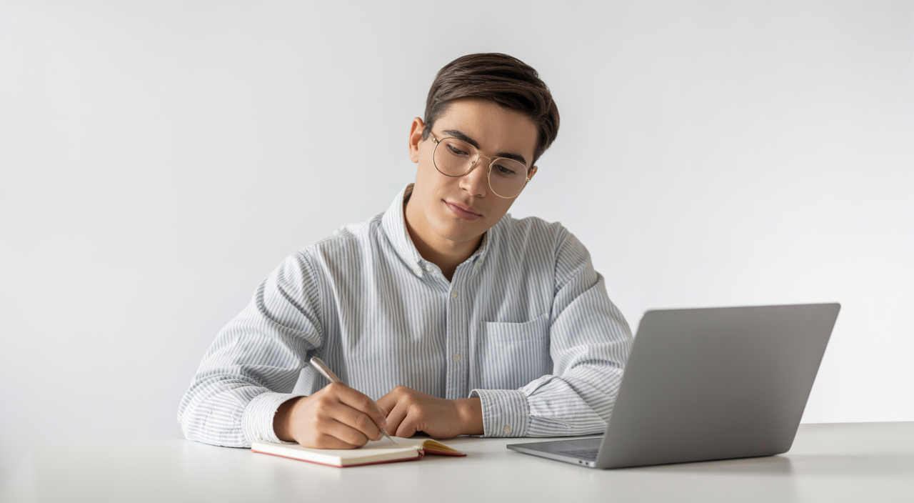 Confident young adult studying online to become a Registered Behavior Technician with laptop and notepad on desk, white background