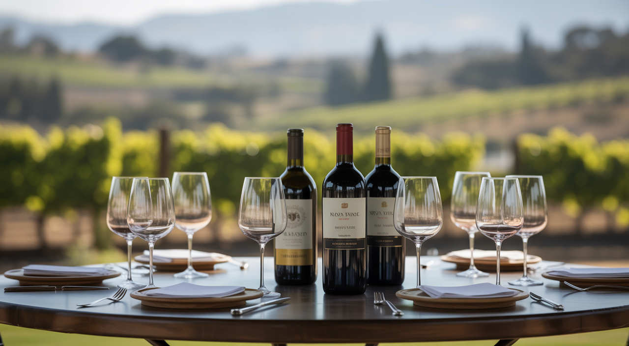 Photorealistic image of a private wine tasting setup with wine glasses and bottles with a softly blurred vineyard background representing a luxury Napa Valley wine experience