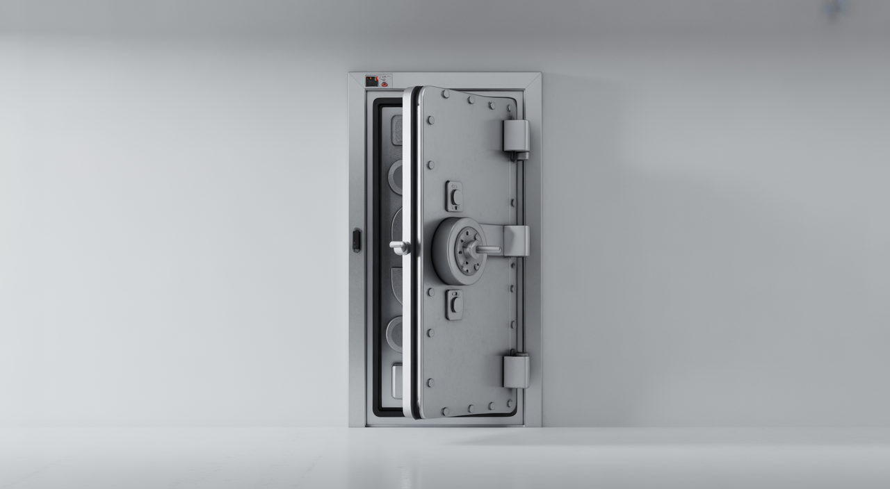 Steel safe room door with reinforced frame and multi-point locking system