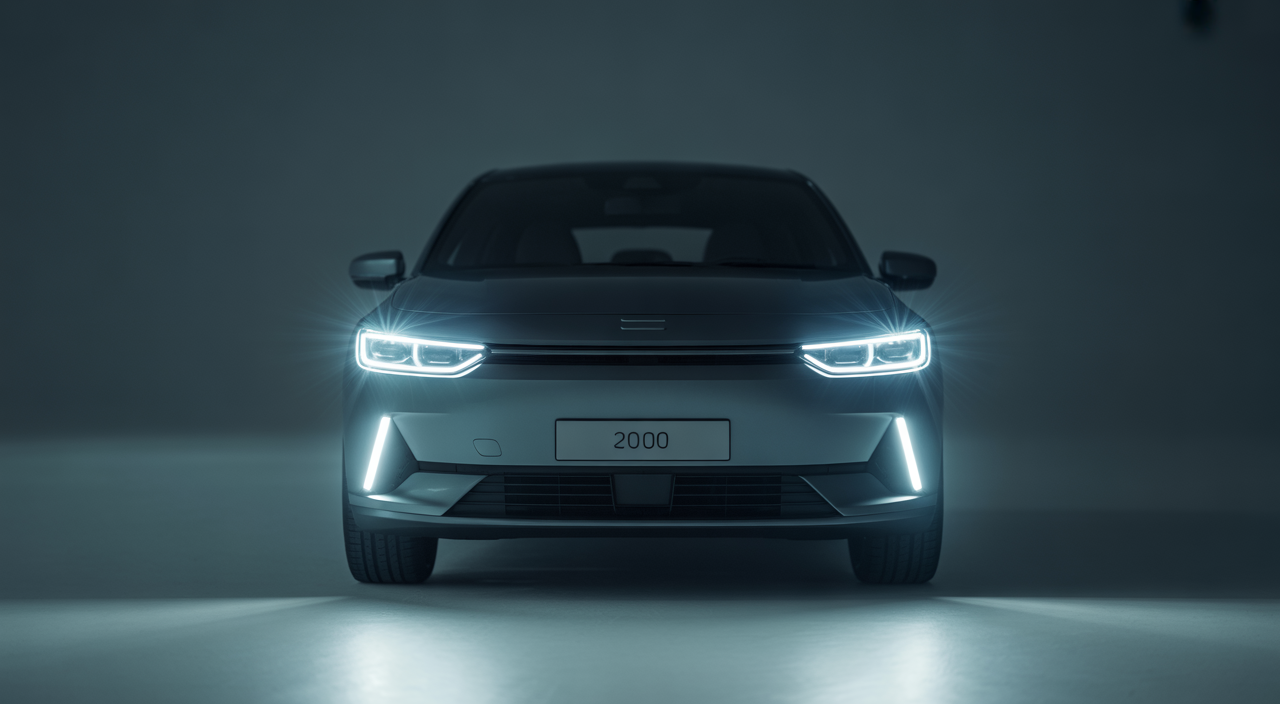 Close-up of a modern car with bright LED headlights glowing vividly at night, showcasing LED technology for automotive lighting