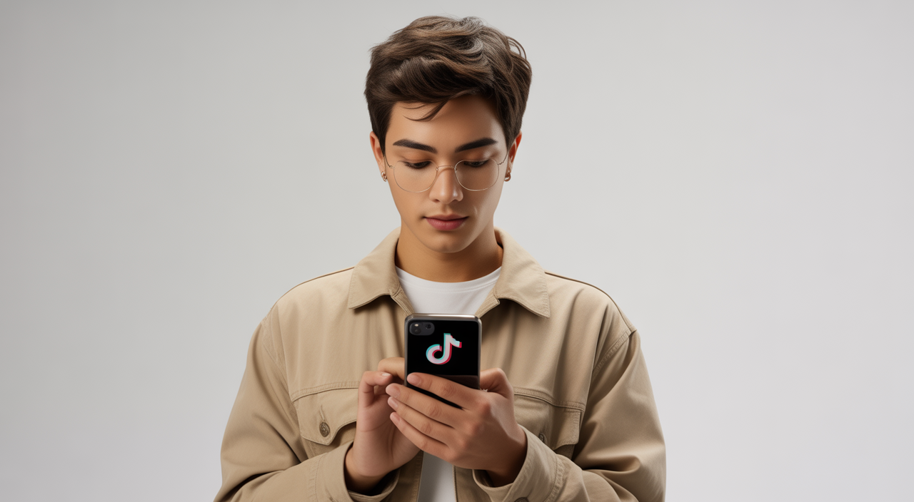 Photorealistic image of a young person engaging with TikTok on a smartphone, representing social media growth and digital interaction