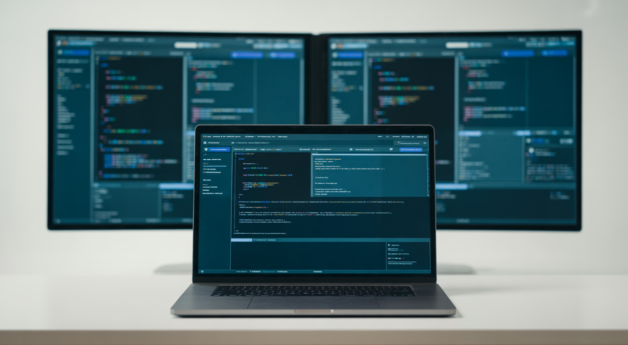 Hero image showing a modern digital workspace with laptop and multiple screens representing headless CMS integration in a professional environment