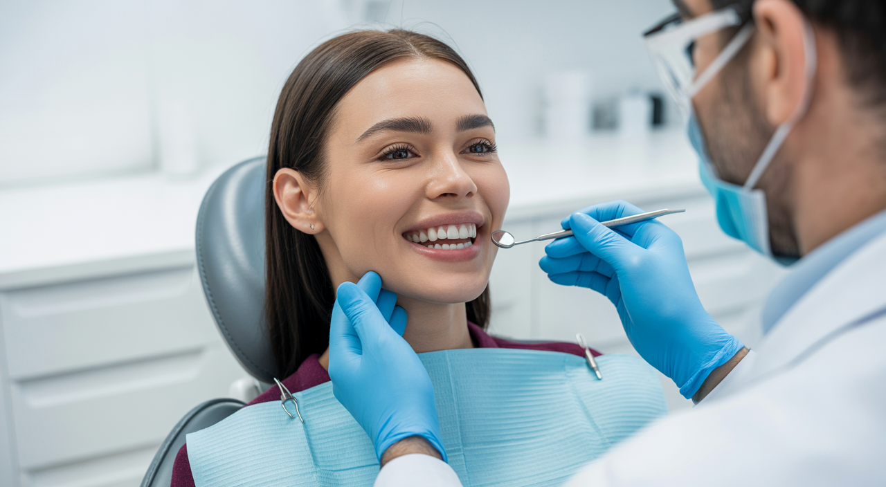 Smiling patient receiving gentle holistic dental care from a dentist in a modern clinic with clean white background