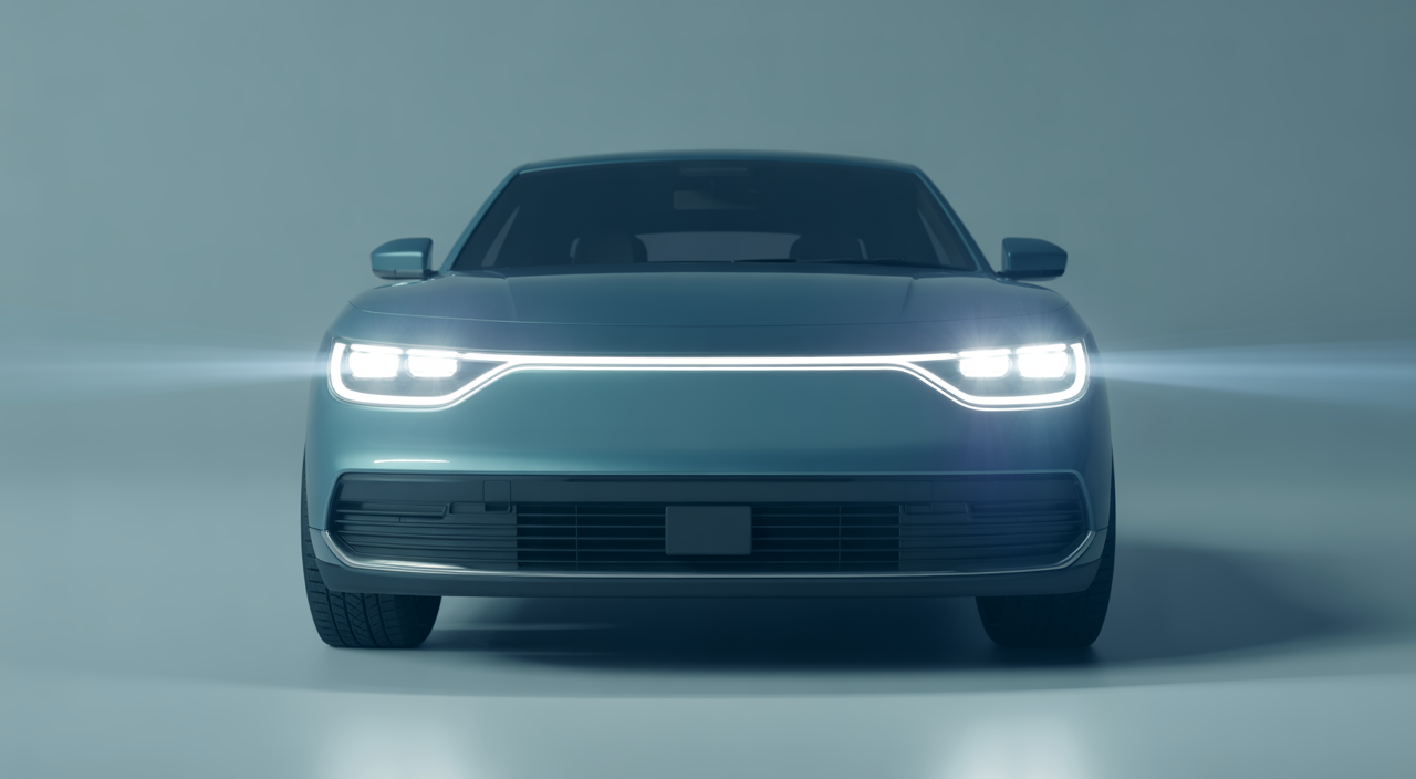 Sleek modern car showcasing bright LED headlights with clean neutral background