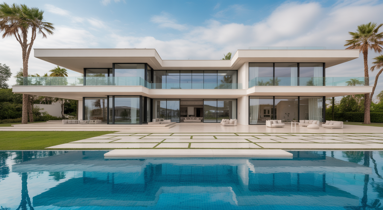High-end modern luxury villa with sleek design and large windows on neutral background