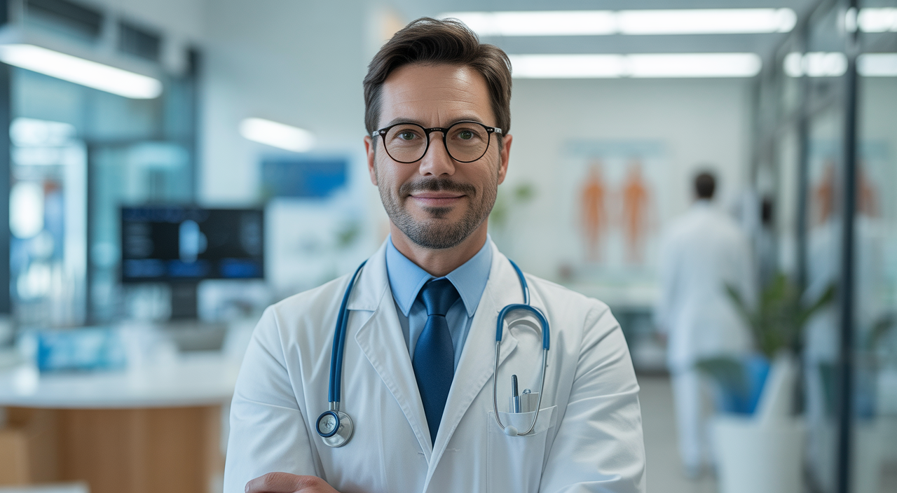 Primary care doctor in a modern, clean medical clinic with professional warm expression